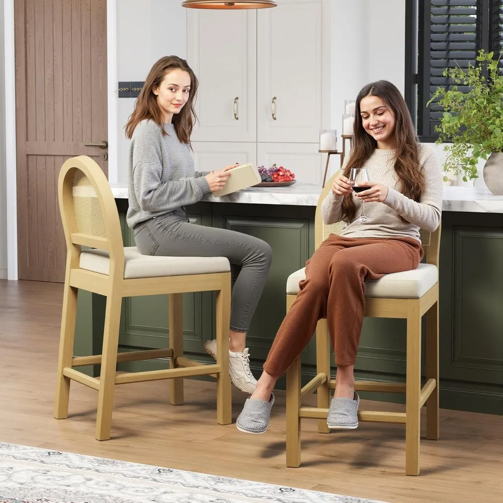 مجموعة مقاعد بار الروطان المنجدة مكونة من 2، مقاعد خشبية بارتفاع منضدة مع ظهر منسوج من الروطان الطبيعي ومقعد شانيل، منتصف المئزر #2