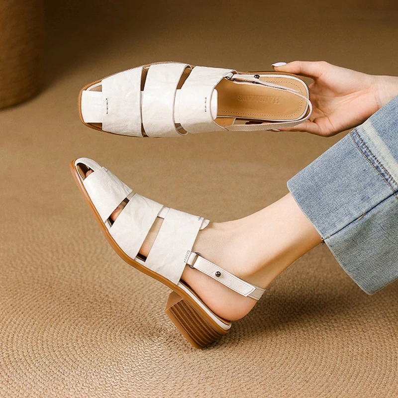 NEW Summer Women Sandals Genuine Leather Shoes for Women Square Toe Chunky Heel Shoes Cover Toe Slingback Shoes Weave Sandals