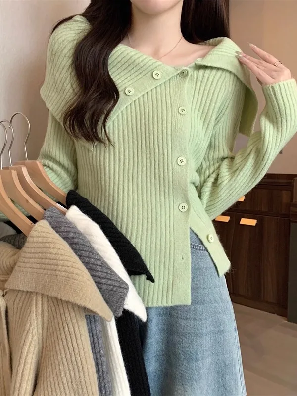 

oulder Bared Knitted Sweater Women's Faion Autumn Season Slim Fit Base Layer Unconal Collar Open Cardigan Bone Exp...