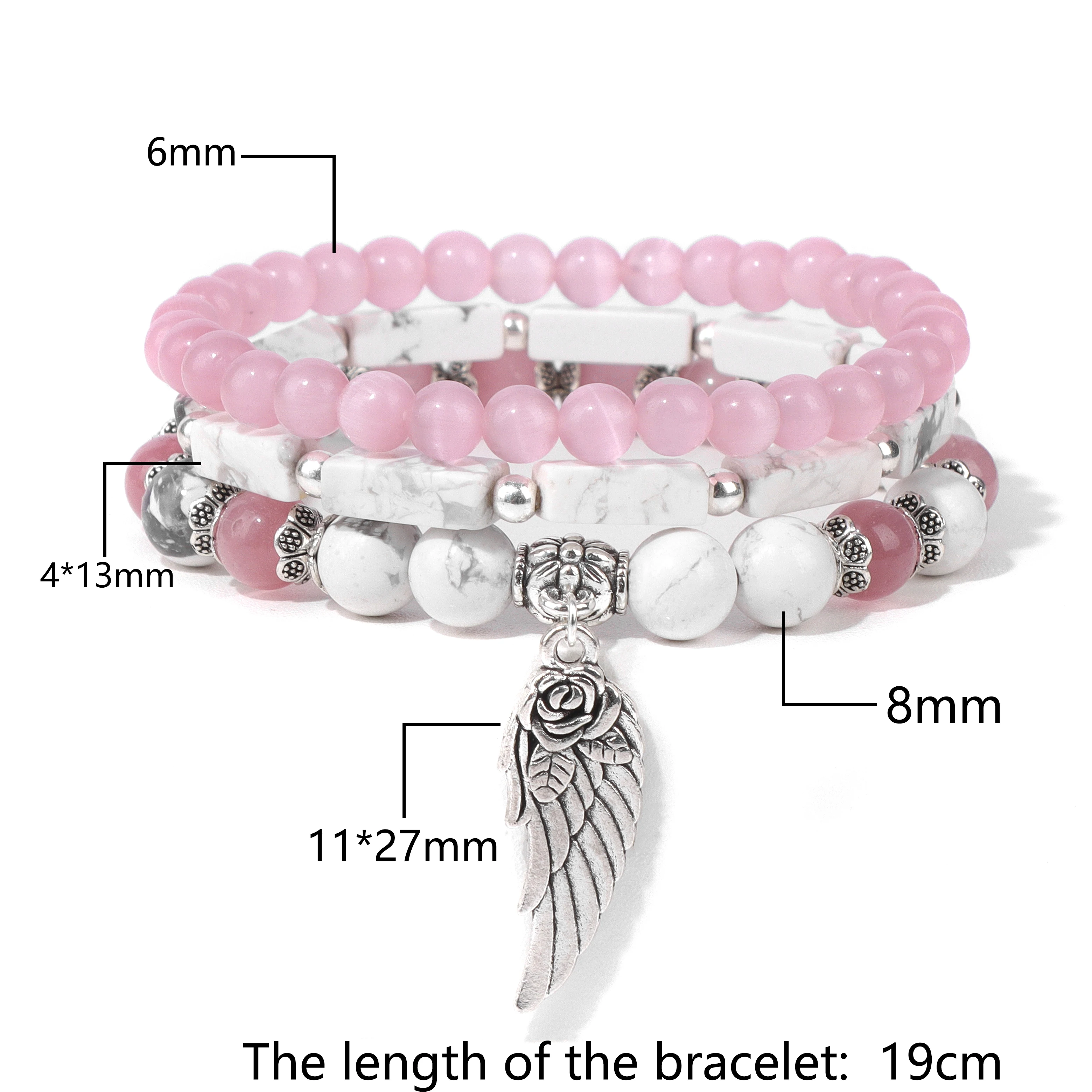 3pcs/set Multicolor Pink Zebra Beads Bracelet Women Natural Stone Quartz Crystal Rose Wing Pendant Bracelets Girls Jewelry Gift image 2
