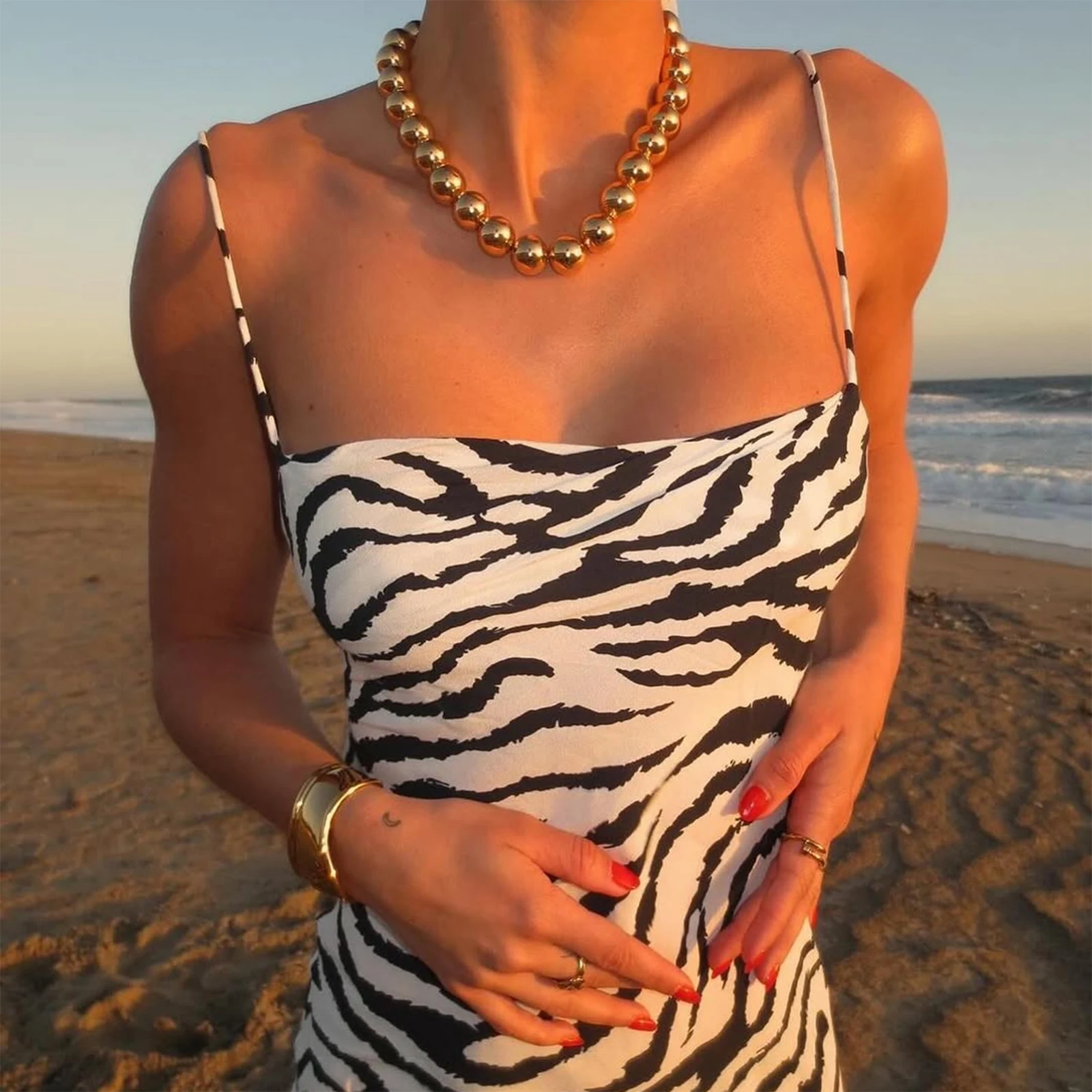 جديد أزياء المرأة زيبرا طباعة كامي اللباس أكمام التعادل عارية الذراعين Bodycon فستان طويل الصيف فستان الشاطئ S M L