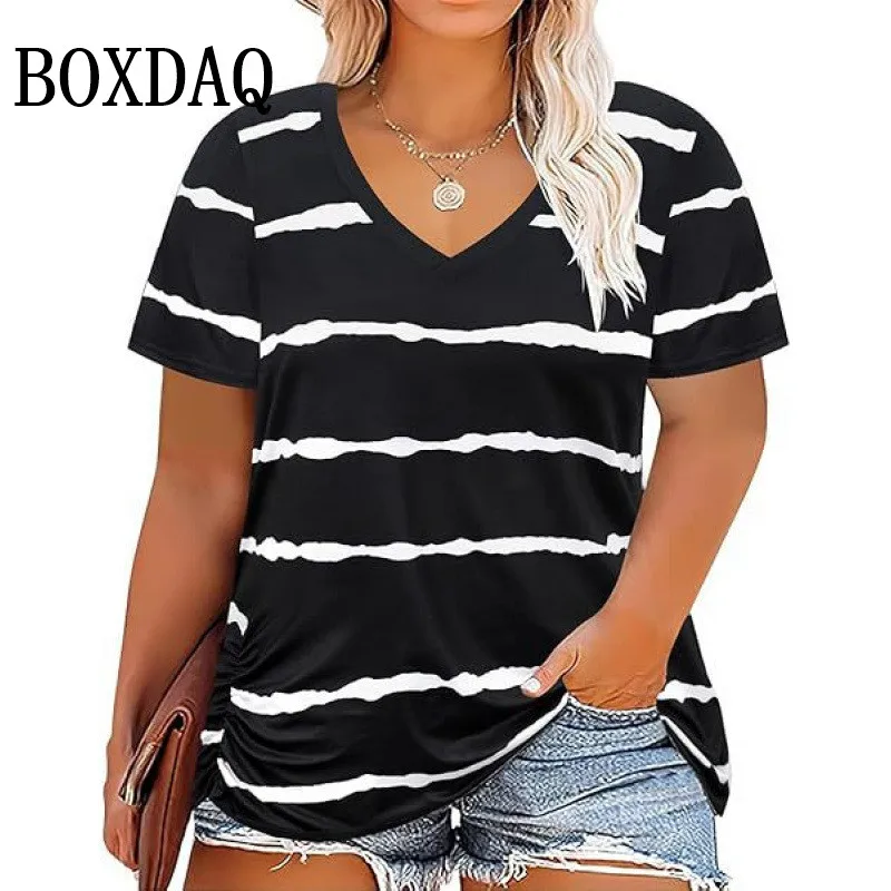 Summer Women Plus Size T Shirts Classic Black White Stripes V-Neck Short Sleeve Tunic Tops Loose Casual Women Tee Shirt 7XL 8XL