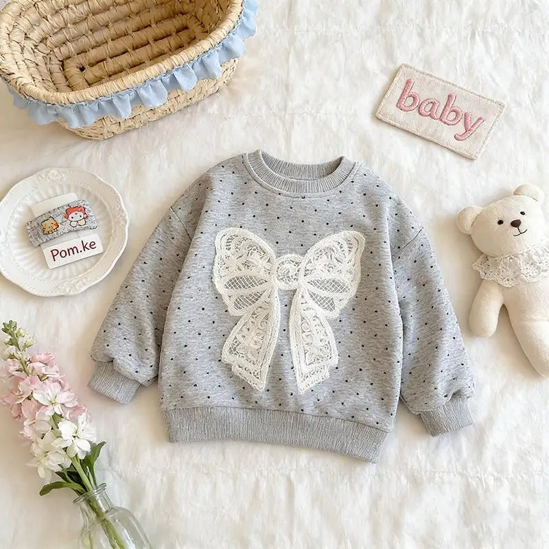 2026 New Polka Dot Bowknot Hoodie Girl Long Sleeve Girl Baby O-Neck Pullover Tops