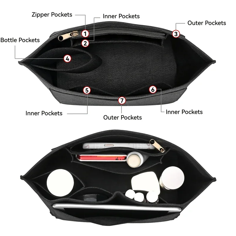 Grand organisateur de sac fourre-tout, doublure en feutre multi-compartiments pour le maquillage et l'organisation des essentiels de voyage