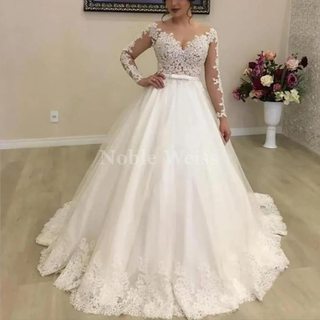 우아한 롱 레이스 웨딩 드레스, 섹시한 아플리케, 해변 신부 드레스, 기차 포함