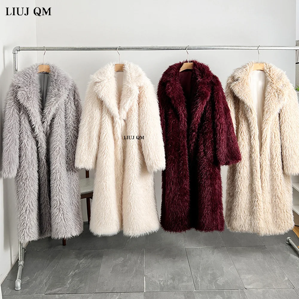 Beach Wool Overcoat European Fashion Long Faux Fur Coat  Autumn Winter Women Warm Fluffy Plush Jacket Large Size Female Outwear