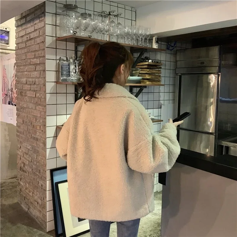 

Tender Warm Jackets Women Single Breasted Loose Fuzzy Fall Winter Lambswool Simple Straight Long Sleeve Coats Female Stylish Ins