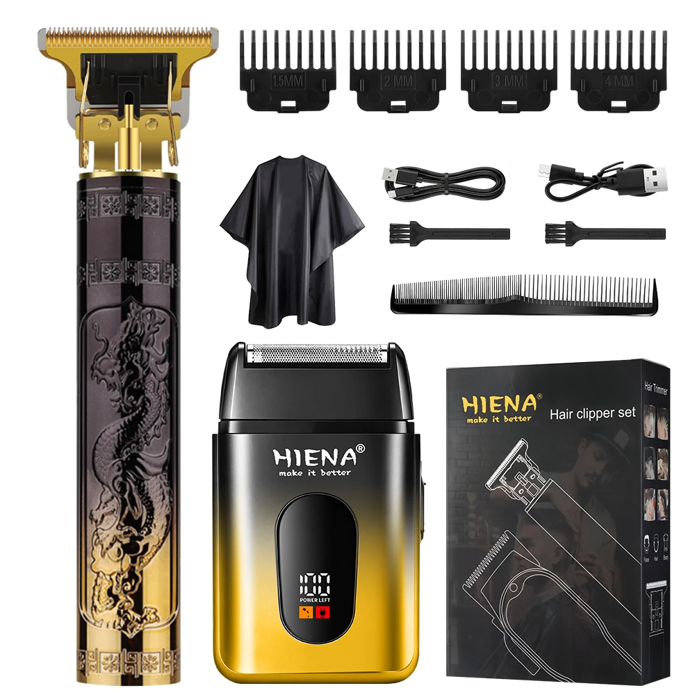 HIENA 2 IN 1 Dragon Pattern Hair Trimmer LCD Electric Shaver USB Rechargeable Barber Hair Cutting Kit with Limit Combs