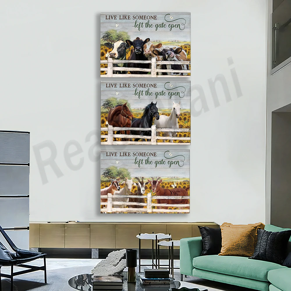 Goat, horse, donkey, highland cow poster, inspirational wall farmhouse sunflower life is like someone leaving the gate open art