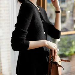 Women Clothing Fashion Chic V-Neck Knitted Top Spring Autumn Elegant Ruffles Knitwear Office Lady Commute Soft Comfort Pullover