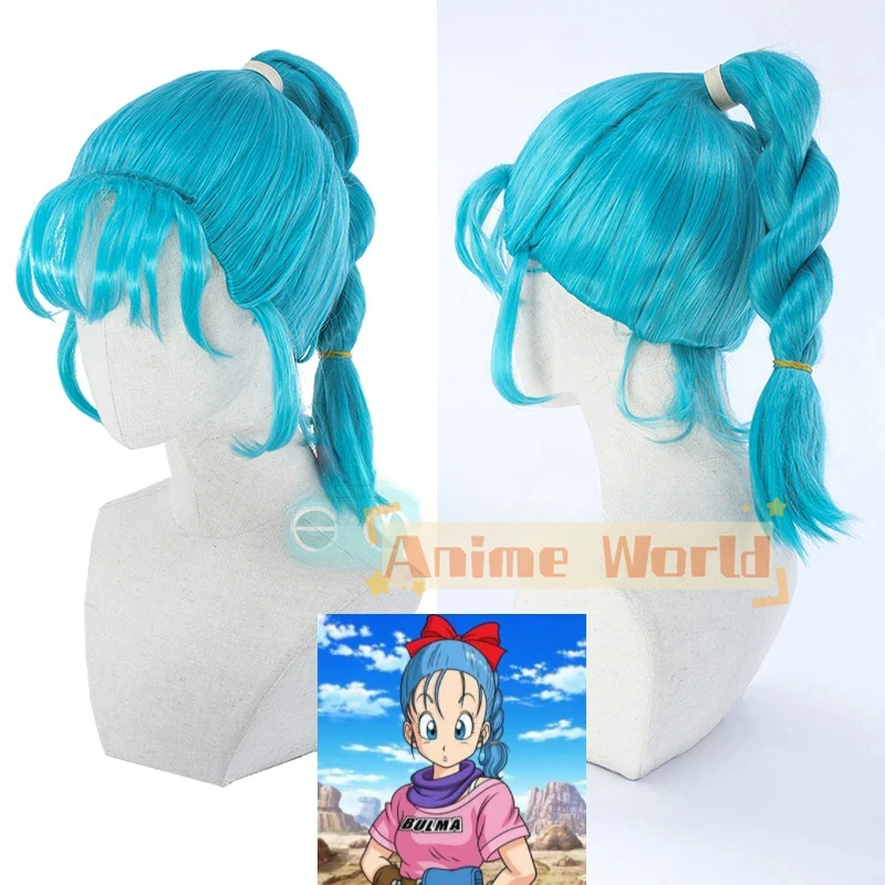 Bulma Cosplay Wig Buruma Wig Blue Braided Wigs Ponytail Pigtails Heat Resistant Hair Halloween Role Play Costume + Wig Cap