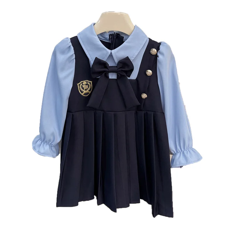 2024Spring New College Style Girls Dress StitchingjkUniform Baby Girl Fake Two-Piece Skirts Tide