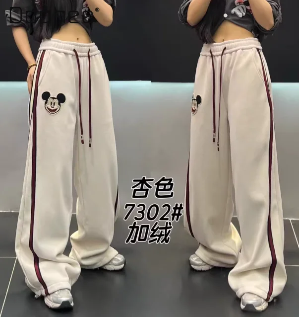

European Cartoon Fleece-Lined Casual Pants for Women 2025 Winter New Heavy Embroidery High Street Slimming Wide-Leg Trousers