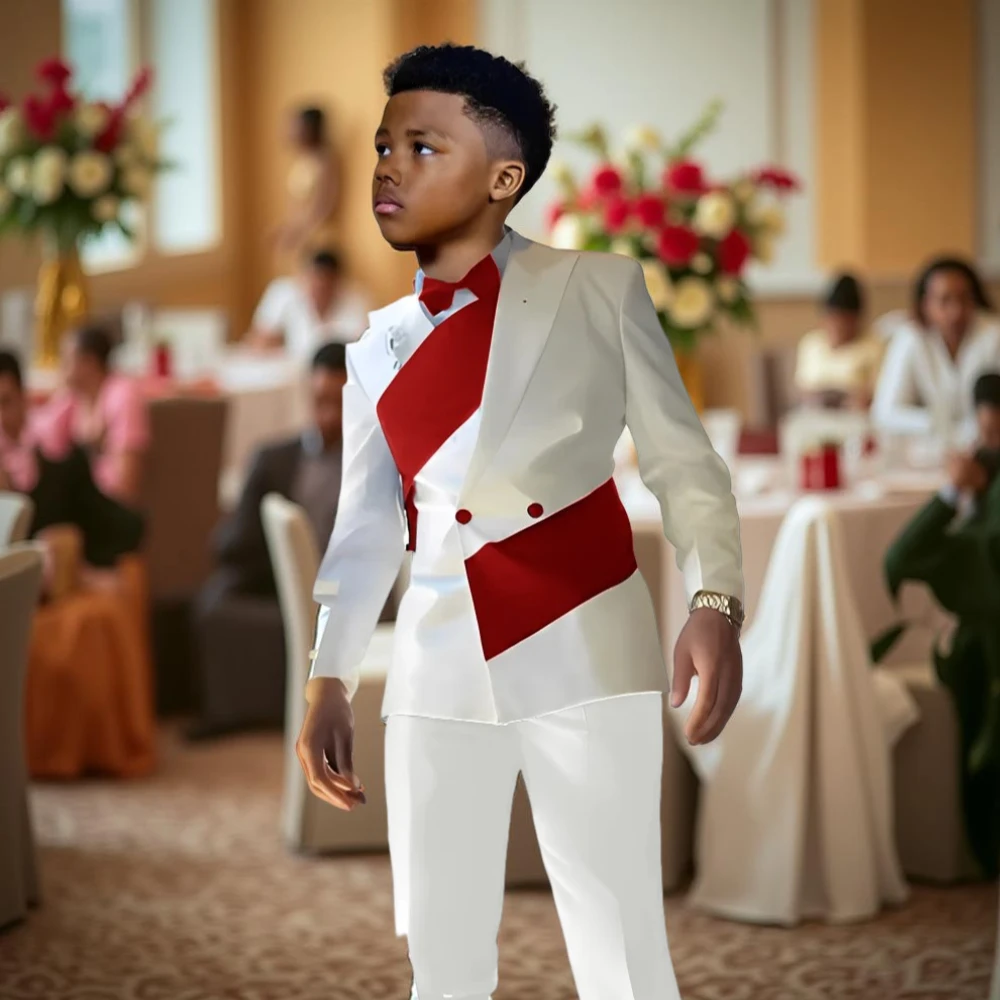Satin Boys Suit 2 Pieces Set Double Breasted White Jacket with Pants Wedding Tuxedo Kids for 2-16 Years Old Boy Slim Fit Suit