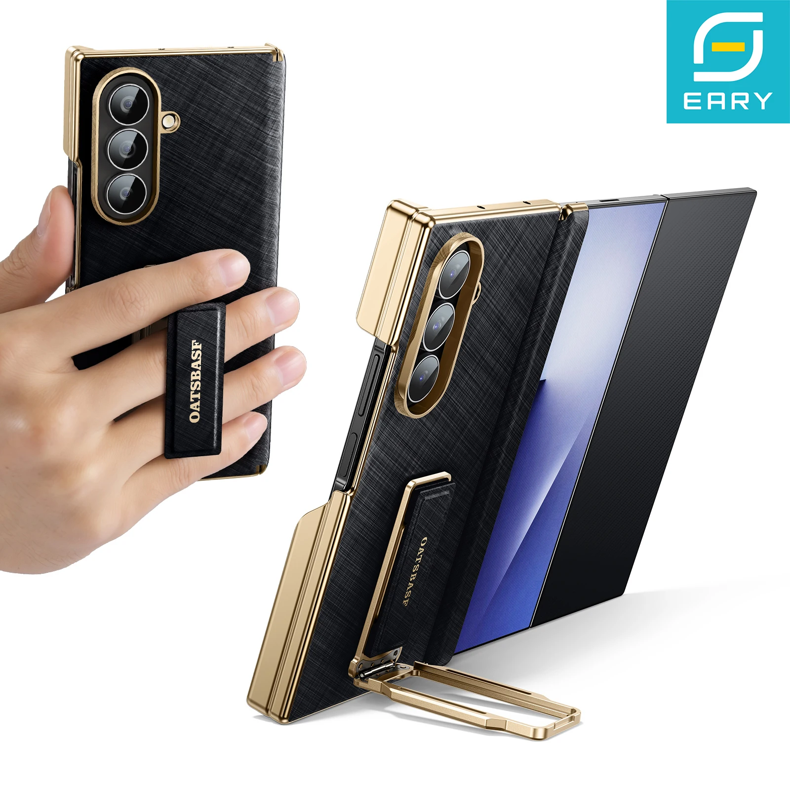 Eary Luxury Leather Case for Samsung Galaxy Z TriFold for TriFold 360° Rotate Stand Wristband Grip Metal Bumper Protector Shells