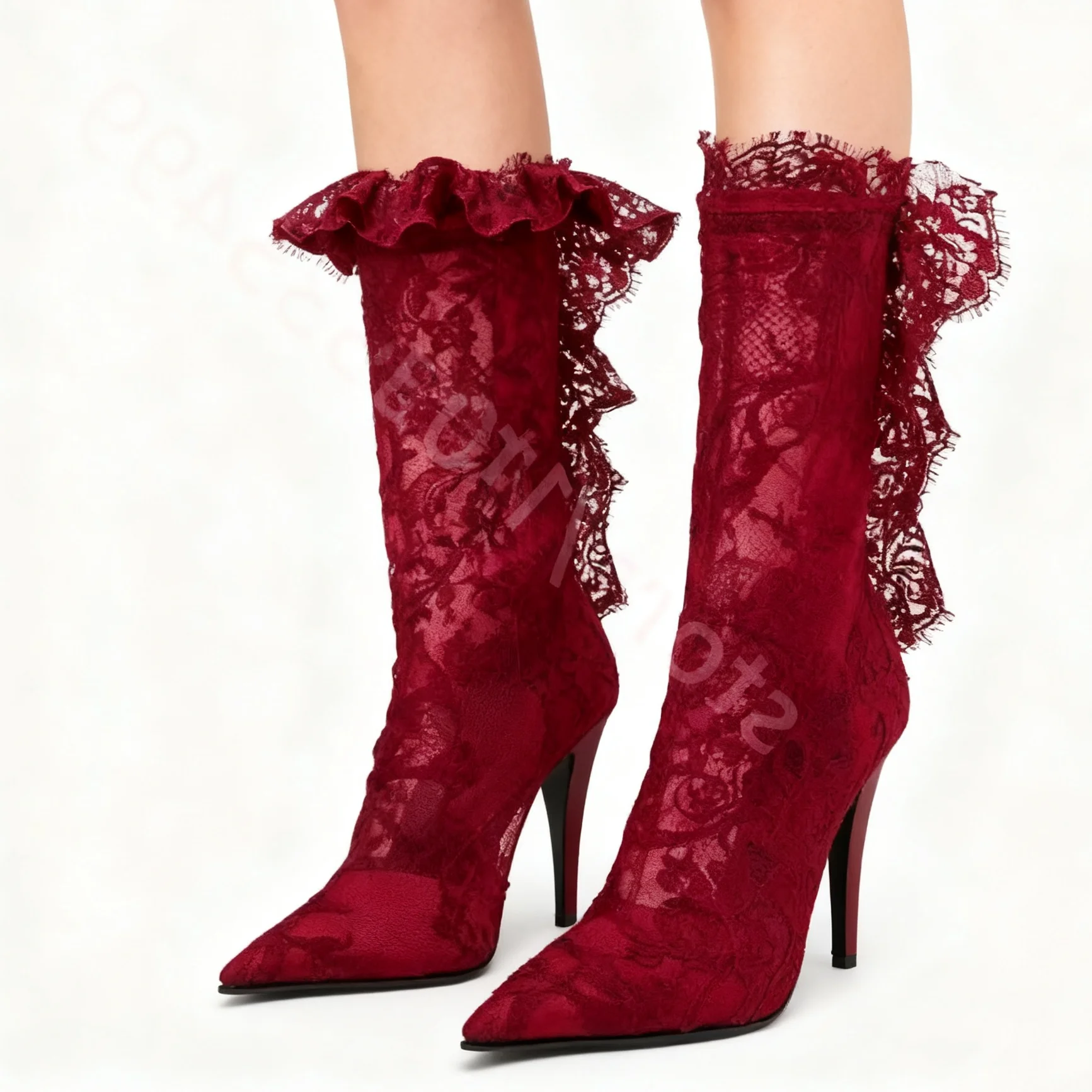 

2025 Black Red Mesh Party Lace Boots Autumn New Fashion Model Catwalk Zipper Boots Sexy Ladies Thin High Heel Wedding Shoes