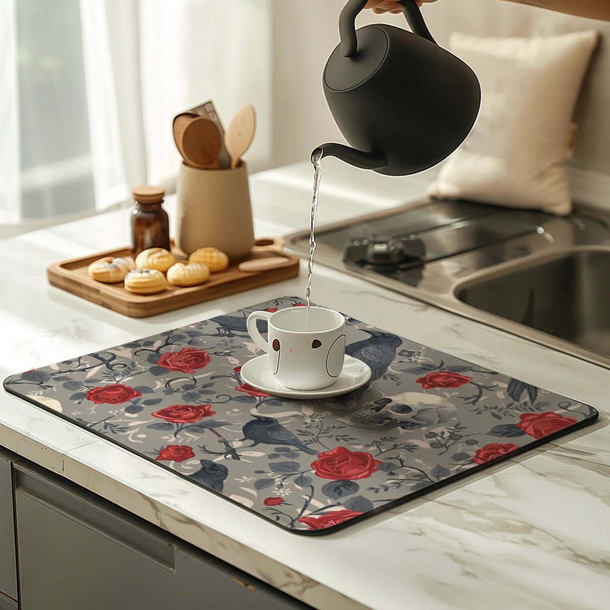 Coffee Tablewear Drain Pad Halloween Rose Bathroom Square Absorbing Anti-slip Dry Mat  Placemat Dishes Cup Splash Proof Drainer