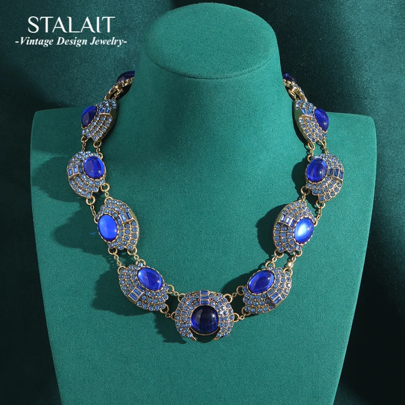 

Vintage Blue Choker Necklace Rhinestones For Woman Natural Stone Gothic Antique Gold Color Luxury Designer Jewelry Accessories