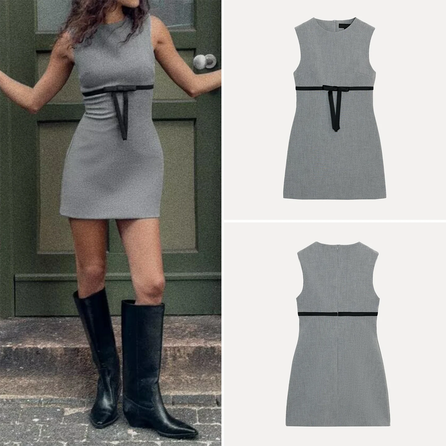 Z 패션 나비 매듭 짧은 실크 새틴 드레스 세련된 A라인 미니 드레스 여성용 라운드 넥라인 민소매 바디콘 핏