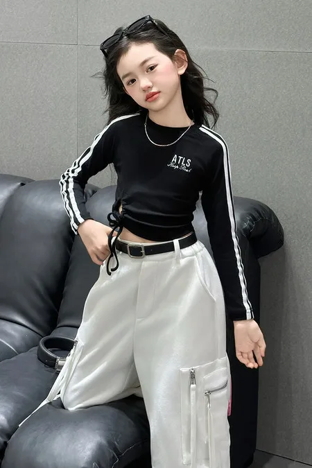 Girls' Cool Street Dance Set 2025 Spice Girl Crop Top Long-sleeved T-shirt  Zipper Ribbon Cargo Pants 2025 Jazz Dance Costumes