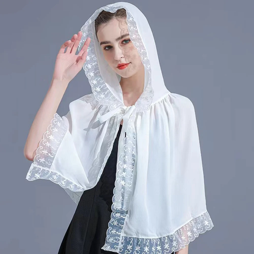 New Woman Lace Trim Sheer Shawl For Wedding Church Summer Travel Body Cool Breathable Shawl With Hoodie Scarf Poncho