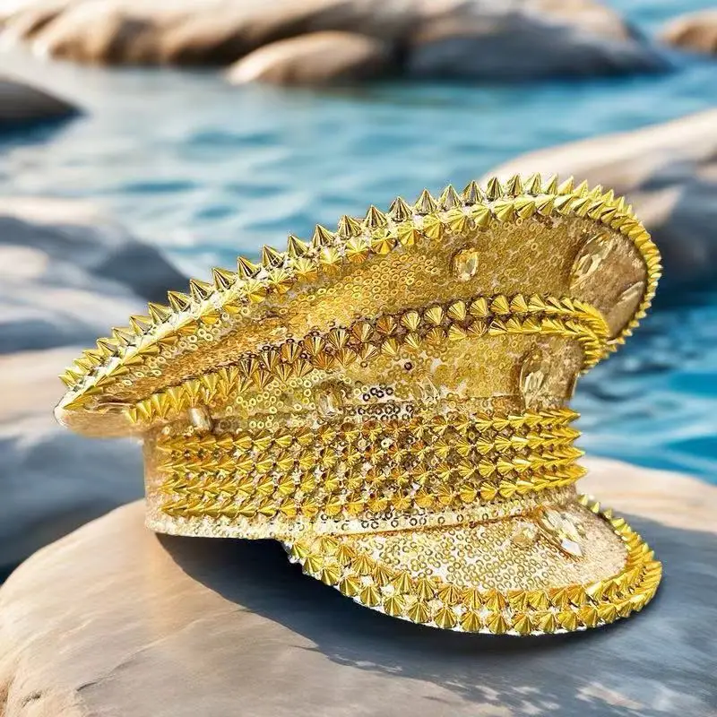 HongLuan Goldener Halloween-Kostümhut, Kapitänshüte mit Strasssteinen für Burning Man Festival Woman, Cosplay Damenaccessoires