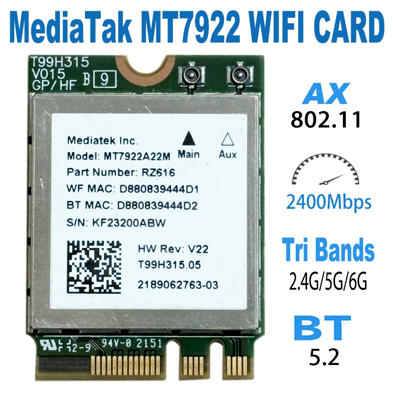 Wi-Fi 6 MT7922 Wireless LAN Card 2400Mbps Wifi Card 2.4/5/6G Dropship