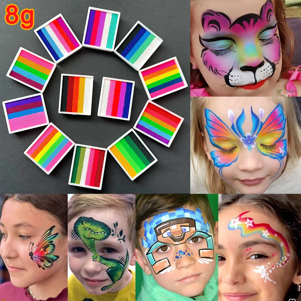 8g Face & Body Painting Makeup Kit With Brush,Rainbow Split Cake Water Activated Painting Palette Makeup for Festivals,Parties