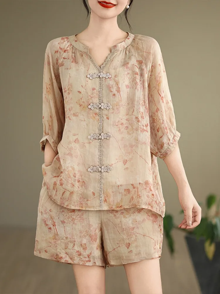 

Fashionable plus Size Button up Printed Top And Short Pants Set Women's Summer Slimming Cotton Linen Blend Sleeveless Outfit