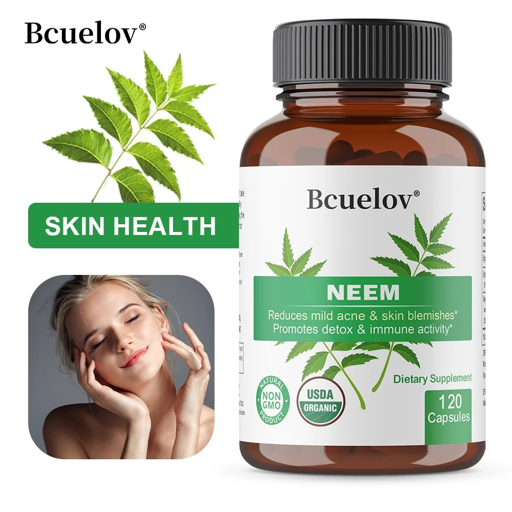 Organic Neem Capsules for Skin Health, Detox Purification Immune Support, Blood Purifier Herbal Supplement, Non-GMO