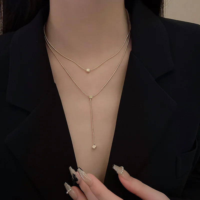316L Stainless Steel New Fashion Fine Jewelry Minimalism 2 Layers Cube Tassel Charms Chain Choker Necklaces & Pendants For Women