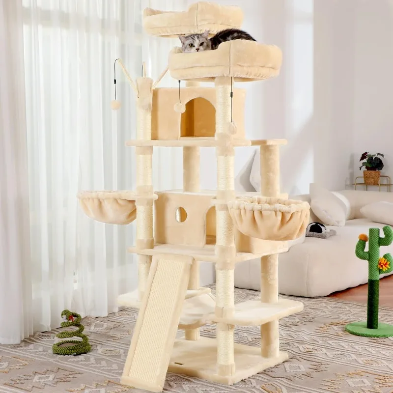 

Sturdy Large Cat Tree 69" Tall with Hammock Cradle Ladder, Natural Sisal Scratch Post, Cat Activity Center Play House (Beige)