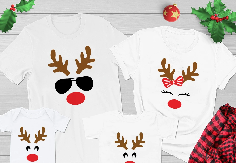 Family Christmas Matching Clothes Mom Dad T-shirt Deer Face Print Tees Xmas Gift for Party