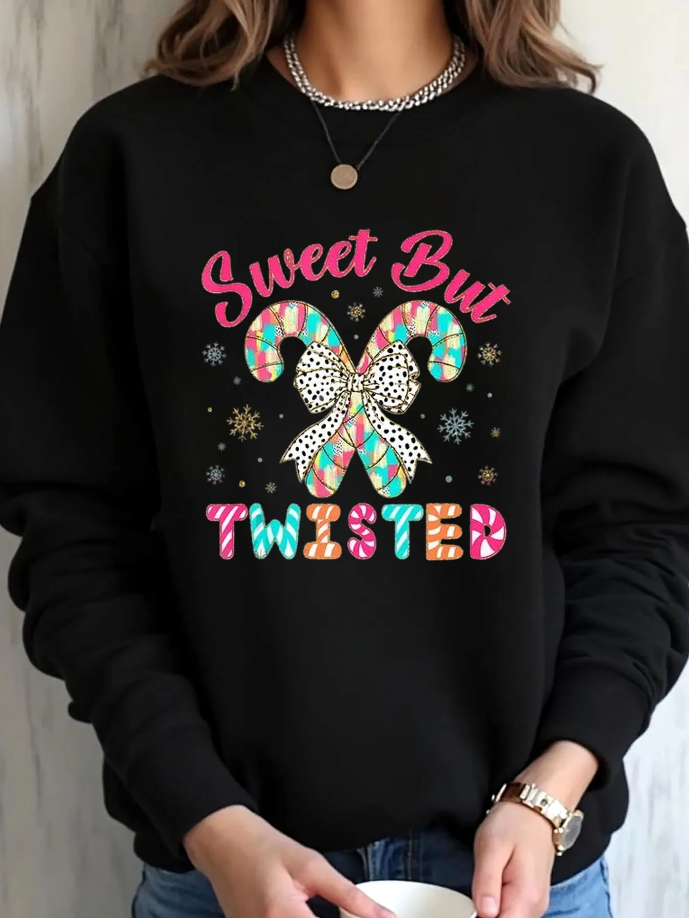 

Женская толстовка большого размера с рождественским конфетом и бантом, сладкая, но витая верхняя одежда с принтом