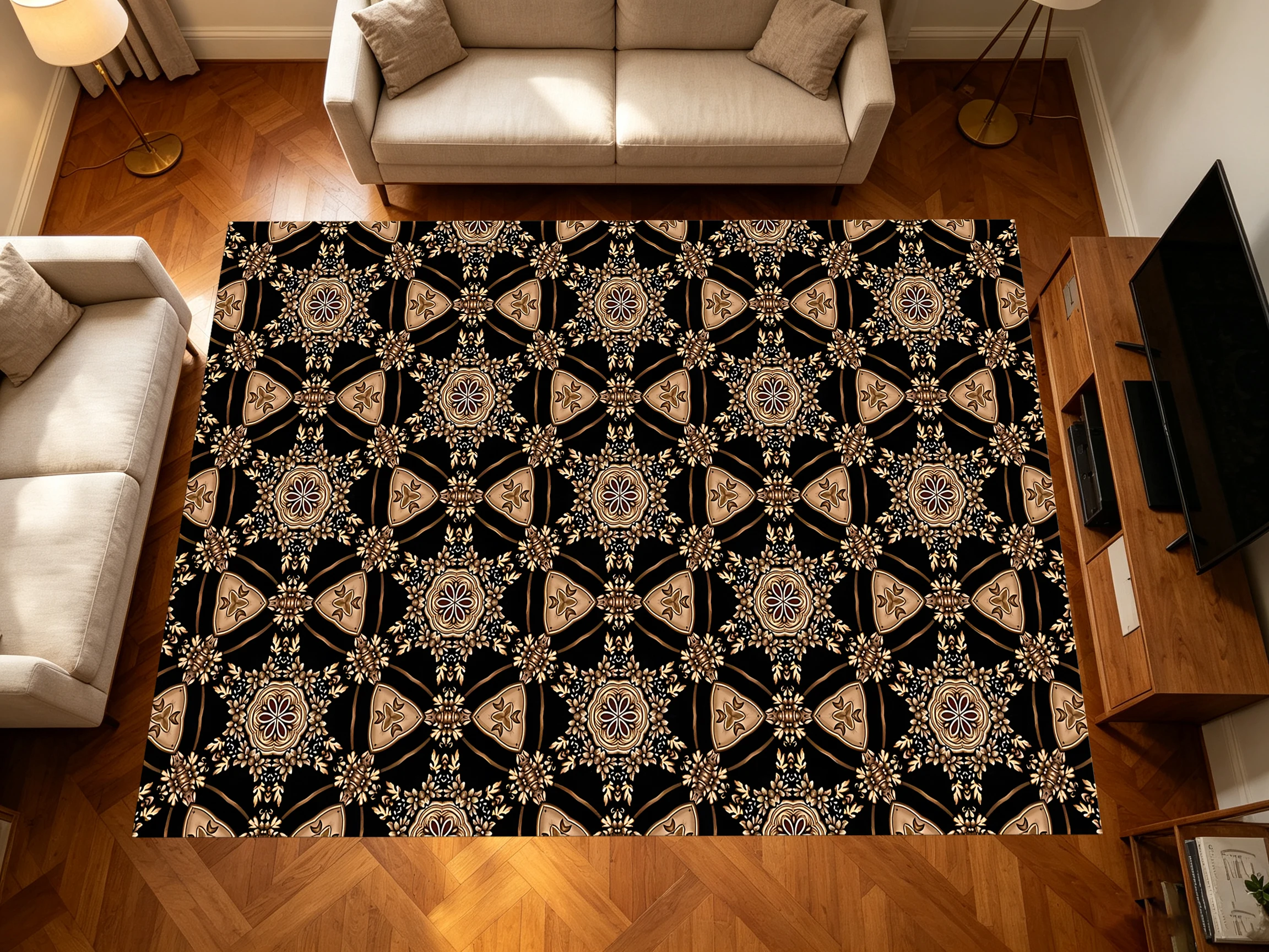 2D Carpet with Retro European Symmetrical Geometric Pattern in Light Luxury Retro Style for Living Room, Bedroom, and Coffee Table