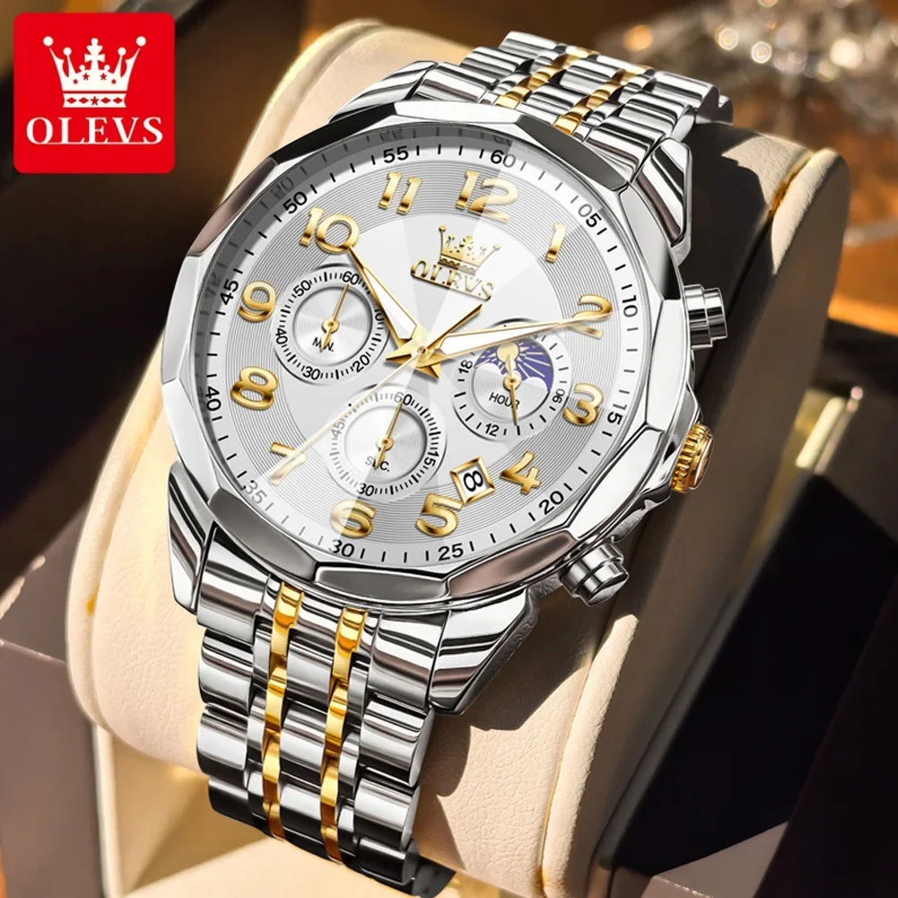 

OLEVS 3676 Mens Watch Quartz Watch Multifunctional Chronograph Waterproof Luminous Moon Phase Watch Mens Gifts Reloj Hombre