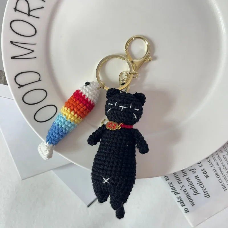 Niedlicher gehäkelter Katzenanhänger, kreativer gestrickter Katzen-Schlüsselanhänger, handgefertigter gewebter Tier-Schlüsselring, Rucksack-Deko-Geschenk – Detail 6
