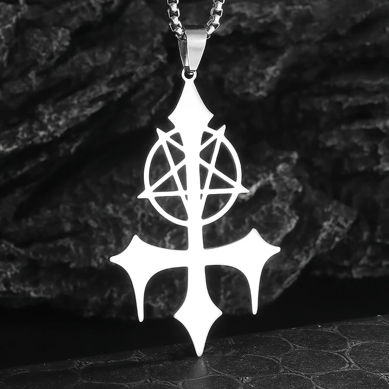 High Quality Cut Stainless Steel Inverted Pentagram Symbol Pendant Necklace for Men Gothic Trident Cross Jewelry Accessories