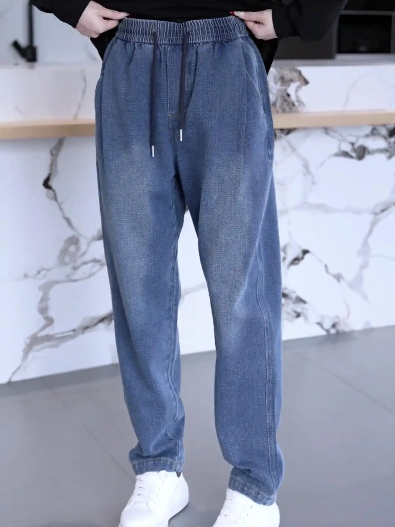 

New 2025 Men's Casual Loose Fit Straight Leg Jeans Starry Pattern Versatile Comfortable Elastic Waist Spring Summer Autumn