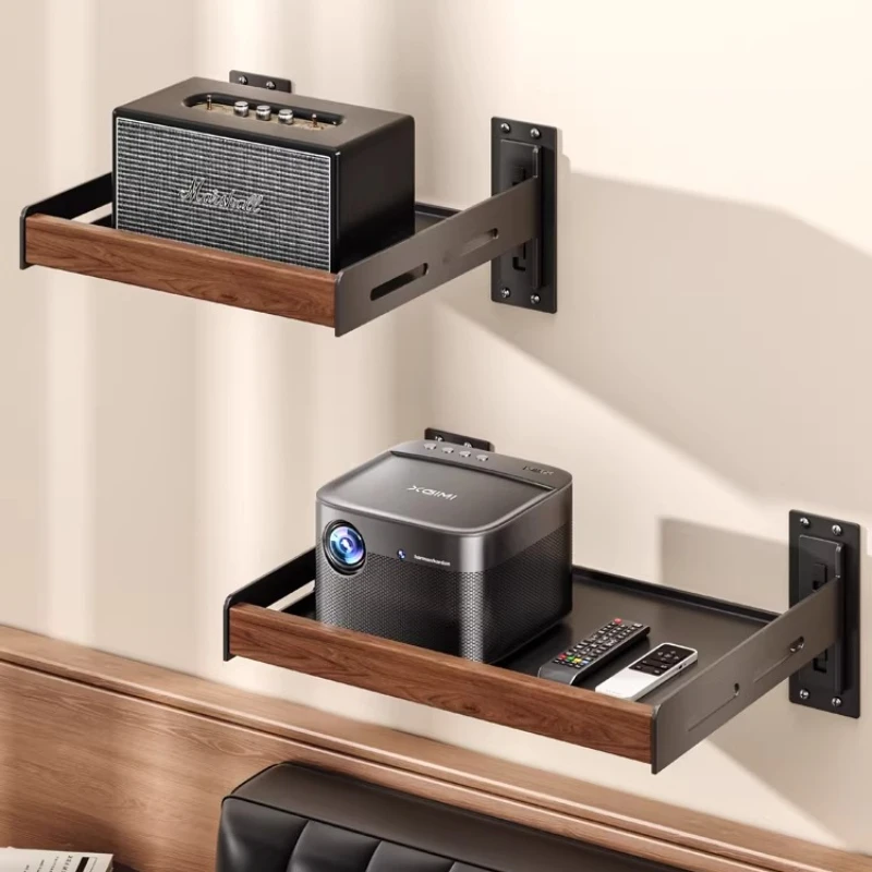 Wall Mounted Walnut Projector Shelf Carbon Steel Multimedia Stand for Bedroom and Living Room Vintage Home Nightstand Organizer