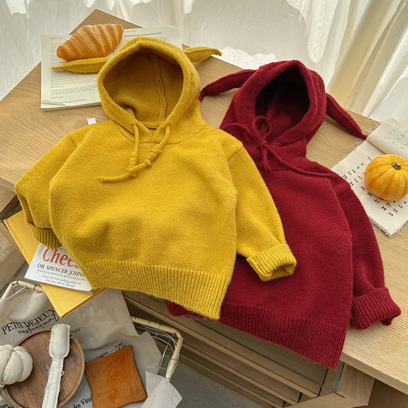 

2025 Winter Kids Baby Girl Sweater Knited Solid Color Toddler Girls Pullovers Korean Hooded Warm Teenager 1-6Y Girls Sweater