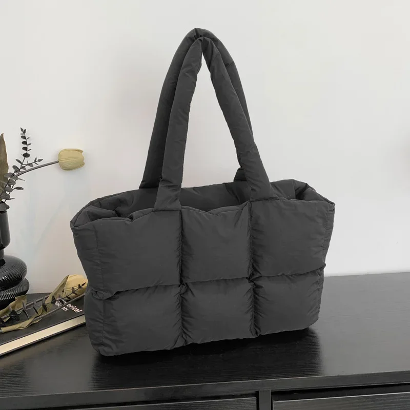 

New Down Tote Bag for Women Large Capacity Cloud Handbag Korean Winter Cotton Jacket Checkered Single Nylon Shoulder Bag