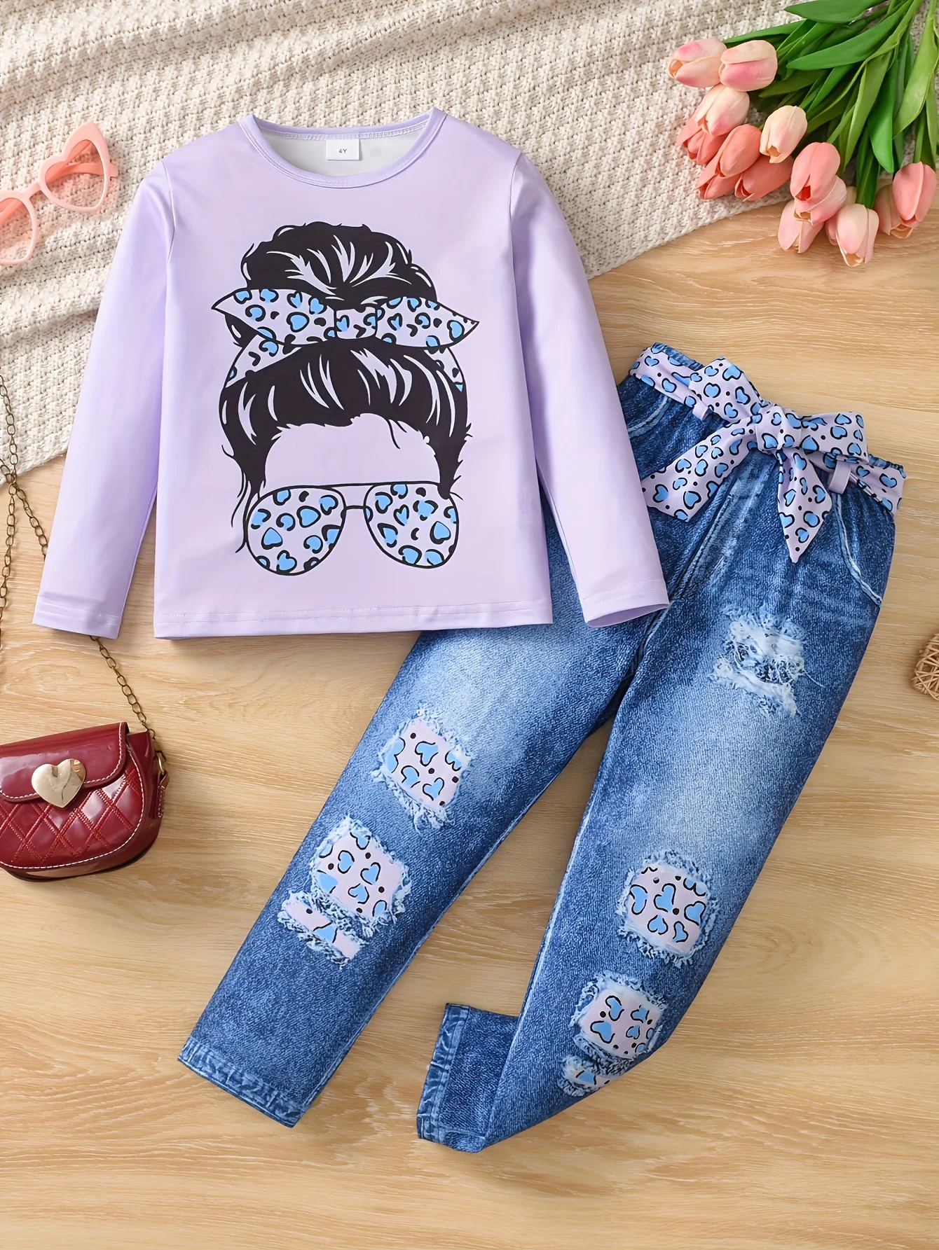 Girls Pink Leopard & Denim Print Fashion Set - 2pcs Pullover & Pants with Elastic Waist & Belt - Comfortable Outfit for Kids