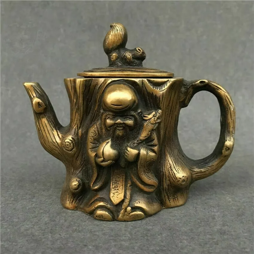 Chinese Old Bronze Carved Squirrel Tree Teapot Teapot Kettle Flagship Cultivation Shou Shen Feng Shui Decoration Two colors