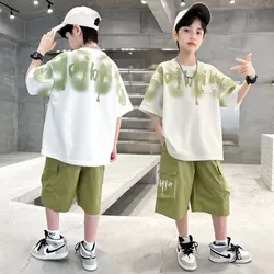2024 New Boys Girls Sports Short Suit Korean High Street Fashion Kids T-shirts Shorts 2 Piece Set High Quality Children's Set