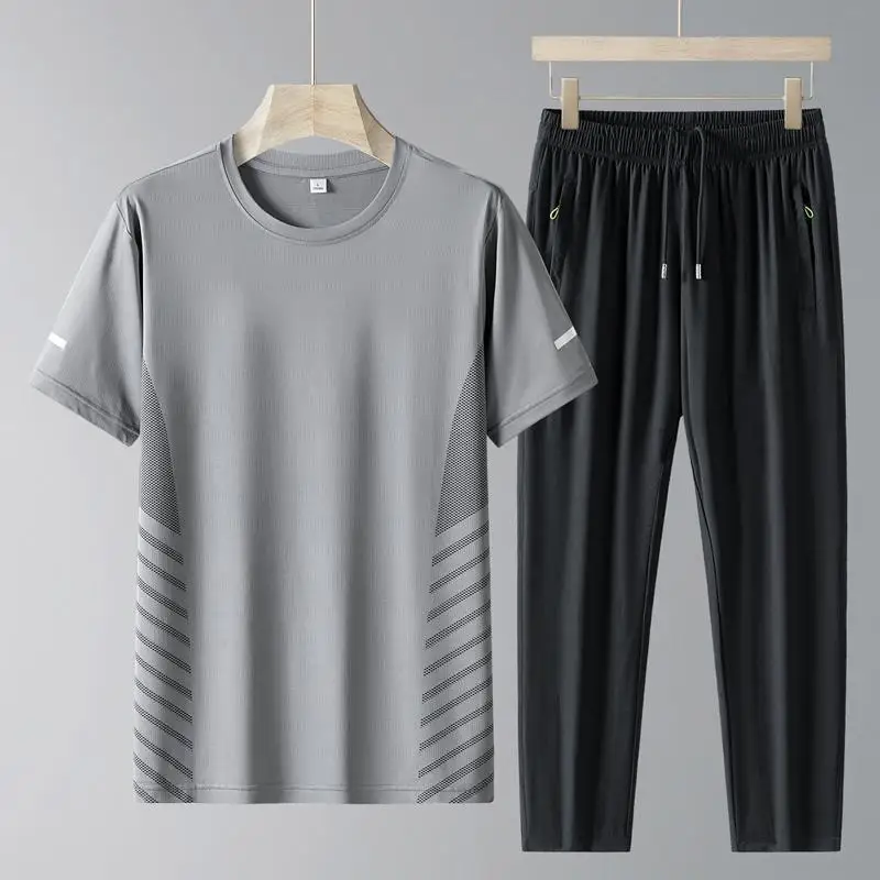 Fashion Summer New Quick Dry Striped Sports Sets Short Sleeved T-shirt Men Elastic Waited Straight Casual Trousers Thin Suit