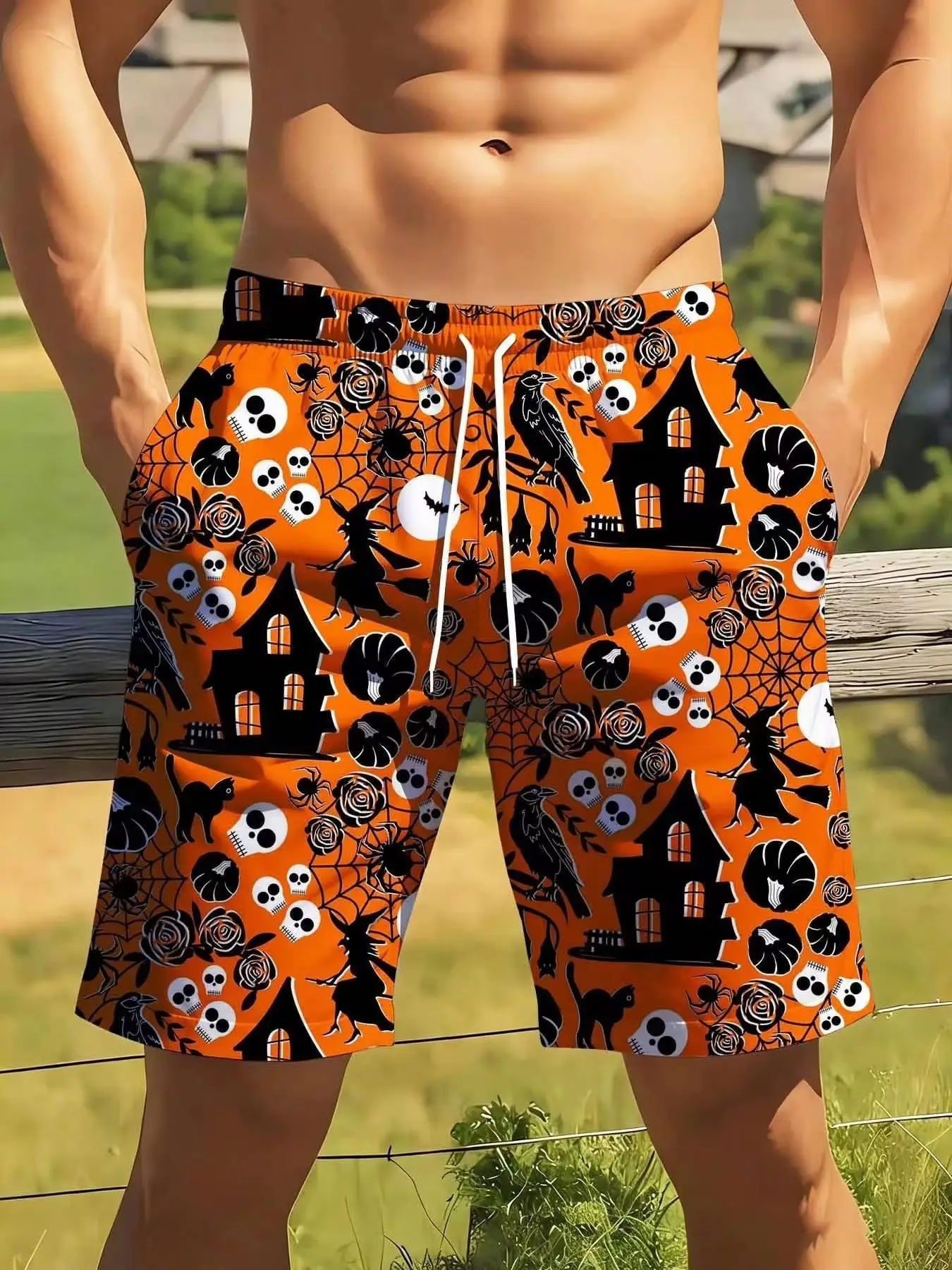 

Halloween Orange Skull Witch Haunted House Print Swim Trunks Beach Shorts[Plus-Size; Suitable For Casual And Athletic Wear]