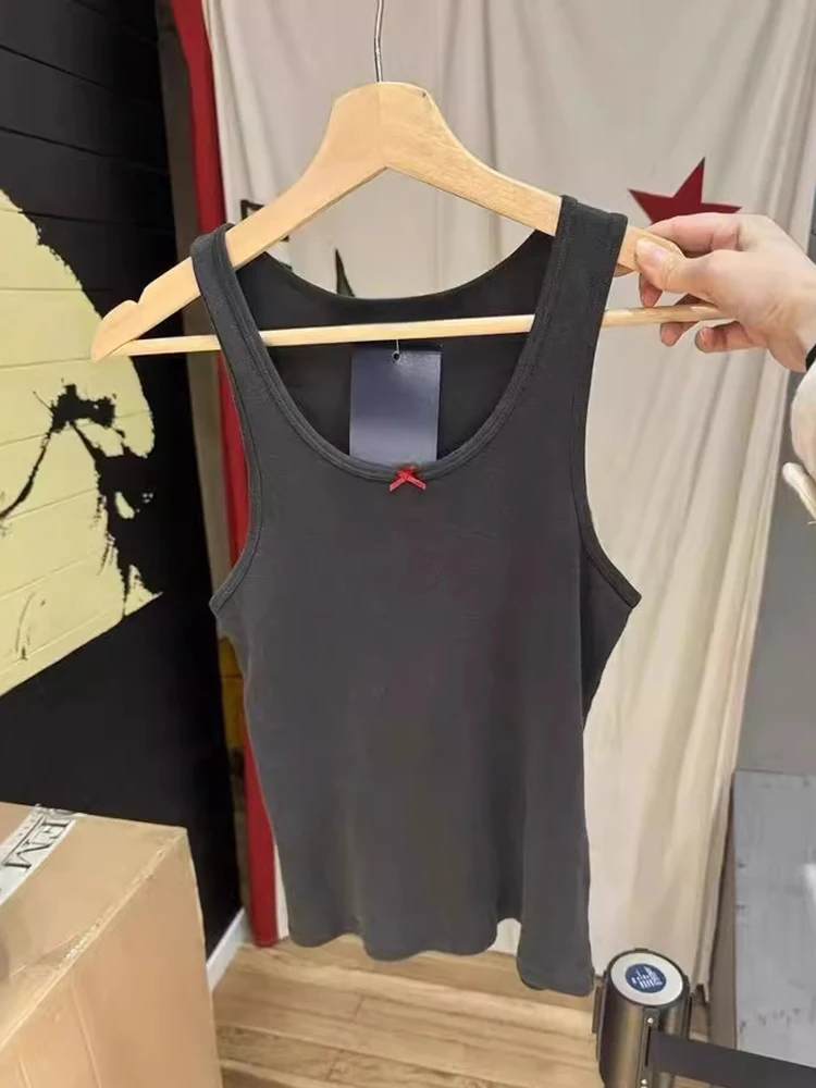 Red Bow U-neck Tank Top Woman Solid Color Sleeveless Casual Black Summer Camisole Cotton Basic Tight Female Vest Y2K Reto 2024