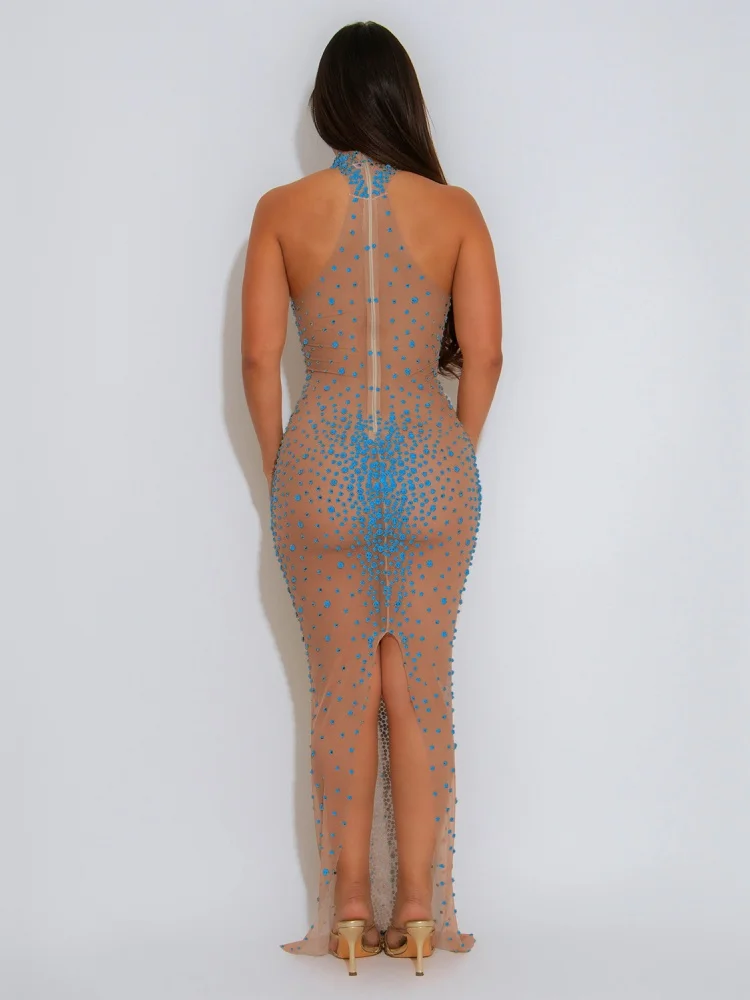 RLMABABY Sexy See Through Mesh Blue Diamond Club Long Fit Dress Women Sleeveless Back High Split Spice Girl Maxi Bodycon Dress