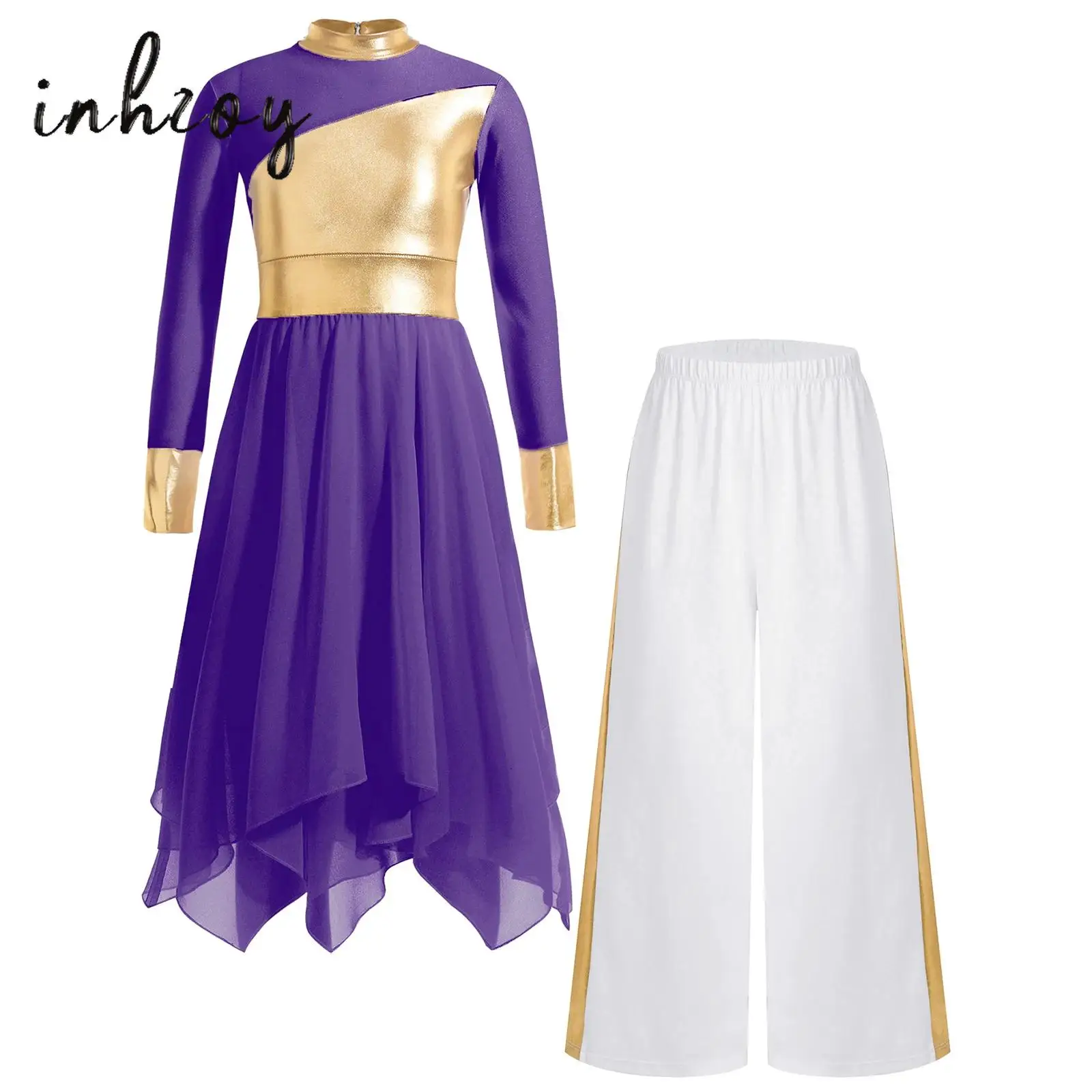 

Kids Girls Liturgical Praise Dance Outfit Modern Dancewear Long Sleeve Color Block Metallic Patchwork Dance Dress+Wide-Leg Pants